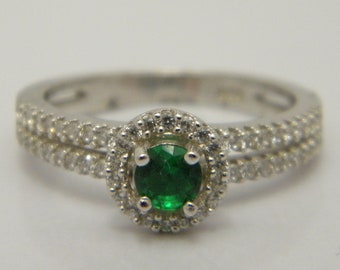 Sterling Silver Green & White Gemstone Halo Engagement Ring UK Size M US Size 6.25 Lovely Vintage Condition FREE post