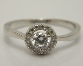 Sterling Silver White Gemstone Halo Engagement Ring UK Size R 1/2 US Size 9 Lovely Vintage Condition FREE post