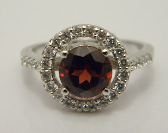 Sterling Silver Red & White Gemstone Halo Engagement Ring UK Size L 1/2 US Size 6 Lovely Vintage Condition FREE post
