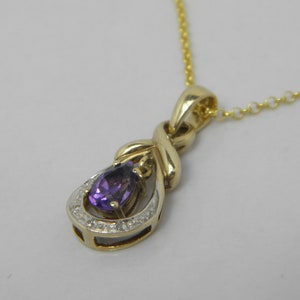 Solid 9ct Gold Amethyst & White Gemstone Pendant Necklace 18 Inch Lovely Vintage Condition