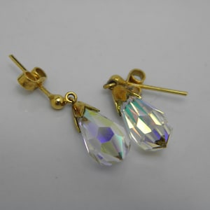 Solid 9ct Yellow Gold Aurora Borealis Dropper Earrings Lovely Vintage Condition FREE post.