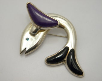Rare 950 Britannia Silver Sugilite & Onyx Dolphin Brooch Pin Lovely Vintage Condition FREE post