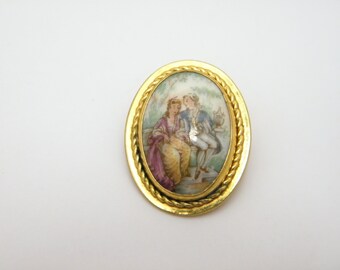 Broche Ancienne En émail De Limoges – Motif Couple Romantique – Vintage