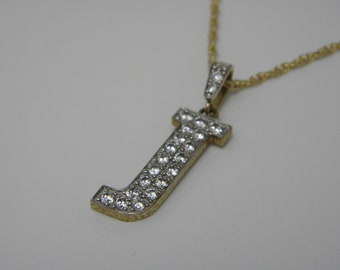 Solid 9ct Yellow Gold White Gemstone "J" Pendant Necklace 18" Lovely Vintage Condition