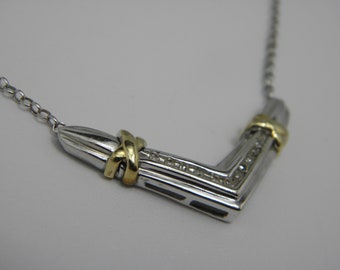 HEAVY Solid 14ct/10ct White & Yellow Gold Diamond Wishbone Pendant Necklace 18" Lovely Vintage Condition