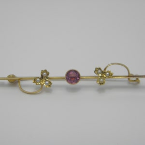 Solid 15ct Yellow Gold Pearl & Pink Gemstone Brooch Pin Lovely Vintage Condition