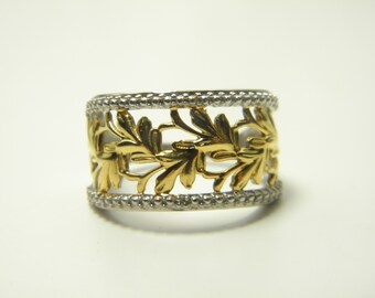 18ct Gold auf 925 Sterling Silber Floral Ehering UK Größe M 1/2 US Größe 6,5 schöne Vintage Zustand frei nach Pinky