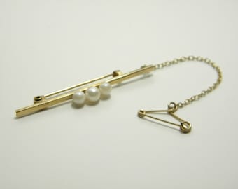 Solid 9ct Gold Pearl Bar Brooch Pin Lovely Vintage Condition FREE post UK Hallmarked
