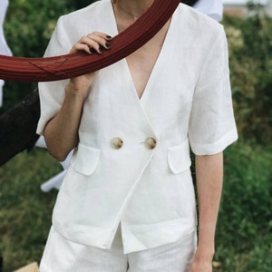 Linen Women Suit, White Linen Blazer & Shorts, Linen Two Piece Set, High Waisted Shorts, 100% Linen Jacket for Women, Linen Summer Suit image 1
