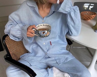 Linen pajamas set, linen home wear, linen summer set, linen two piece set, linen soft sleepwear, linen lounge set, Linen pants, Linen shirts