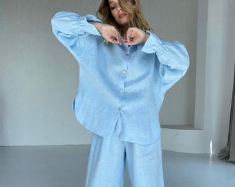 Blue Linen Long Set, Christmas Pajamas Gift for Her, Holiday Linen Pajamas, Linen Soft Sleepwear, Long Linen Pants and Shirt