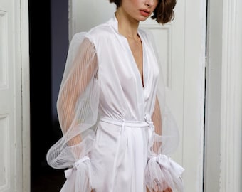 Wedding Silk Kimono Robe, Bridal Silk Robe with Wide Transparent Sleeves, Puff Tulle Sleeves Robe, Bridal Gown, Bridesmaid Gift