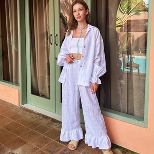 Linen Lounge Set with Wide Pants, Natural Fabric Pyjama Set, Elegant Linen Homewear, Linen Summer Beach Suit, Bridal Party Pajama Gift