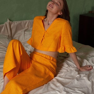 Linen Pajama Set, Soft Pants & Crop Shirt, Linen Homewear, Women&#39;s Linen Sleepwear, Birthday, Valentine&#39;s Day Gift, Linen Anniversary Gift