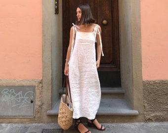Handmade White Linen Maxi Dress, Summer Dress with Pockets