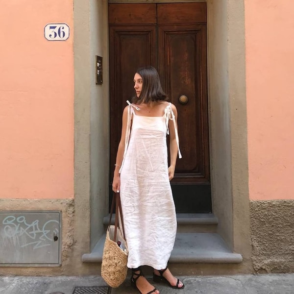 Maxi Dress, White Linen Dress with Pockets, Women's Long Linen Summer Dress, Romantic Dress, Oversized Dress, Minimalist Dress