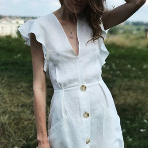 White Linen Maxi Dress, Romantic Linen Summer Dress, Casual Loose Linen Dress, Linen Sundress, Boho Gown with Pockets, Minimalist Dress image 8