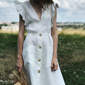 White Linen Maxi Dress, Romantic Linen Summer Dress, Casual Loose Linen Dress, Linen Sundress, Boho Gown with Pockets, Minimalist Dress image 9