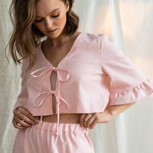 Сustom linen pajamas, light pink pj, linen homewear, linen sleepwear, linen two piece set, linen robe, pj set