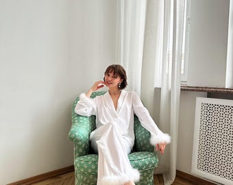 Bridal Bachelorette Pajamas Set, Bridesmaid Silk Pajamas with Ostrich Feathers