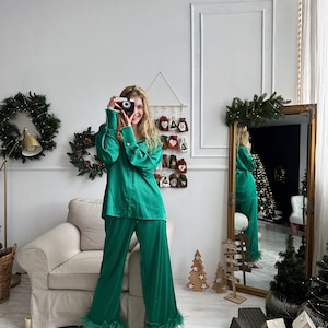 Green Christmas pyjamas,Long pajamas for women, Ostrich feather pajamas, Holiday pajamas, Bridesmaid silk pajamas, Feather pajamas, Silk PJ image 7