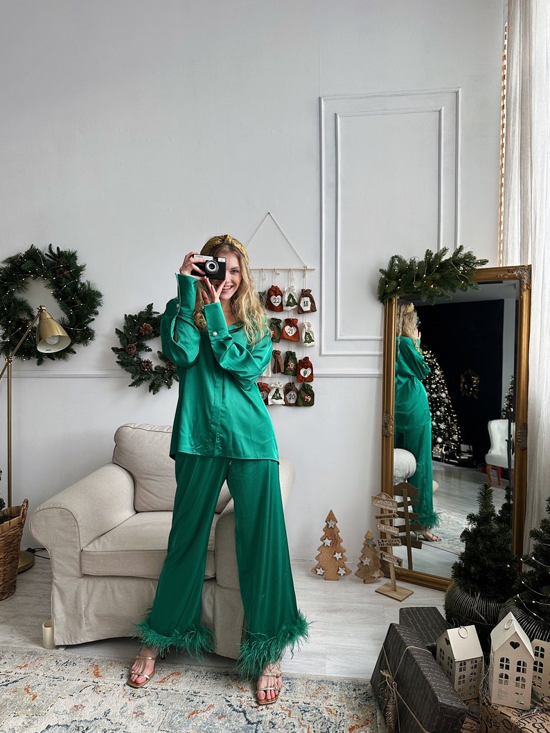 Green Christmas pyjamas,Long pajamas for women, Ostrich feather pajamas, Holiday pajamas, Bridesmaid silk pajamas, Feather pajamas, Silk PJ image 7