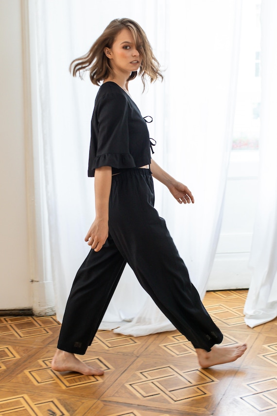 Linen Pajama Set Black Linen Pants Crop Shirt Set Women Linen Sleepwear Ecofriendly Sleepwear for Woman Linen Loungewear