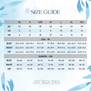 May include: A size guide chart with measurements in inches and centimeters. The chart includes sizes XS to XXL, with bust, waist, and hip measurements. The text also includes EU, US, and UK size conversions. The brand name "STOKROTKA" is at the bottom.