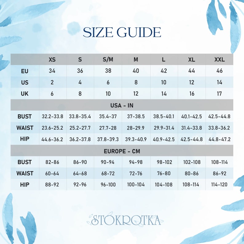 May include: A size guide chart with measurements in inches and centimeters. The chart includes sizes XS to XXL, with bust, waist, and hip measurements. The text also includes EU, US, and UK size conversions. The brand name "STOKROTKA" is at the bottom.