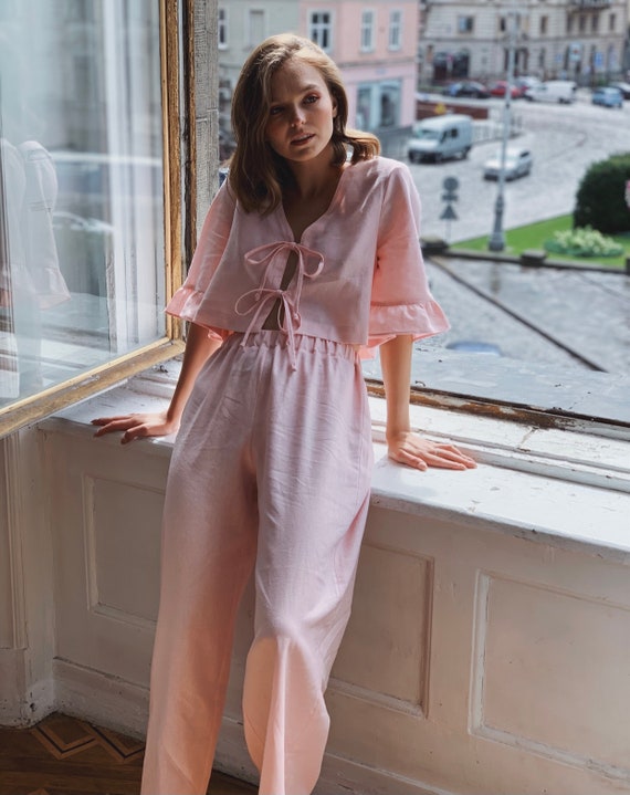 Linen Pajamas/pink Linen Pajamas/bachelorette Pajamas/pink Etsy