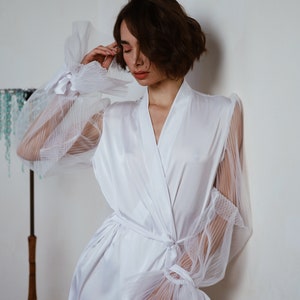 Wedding Silk Kimono Robe, Bridal Silk Robe with Wide Transparent Sleeves, Puff Tulle Sleeves Robe, Bridal Gown, Bridesmaid Gift image 9