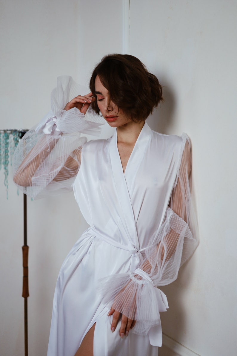 Wedding Silk Kimono Robe, Bridal Silk Robe with Wide Transparent Sleeves, Puff Tulle Sleeves Robe, Bridal Gown, Bridesmaid Gift image 9