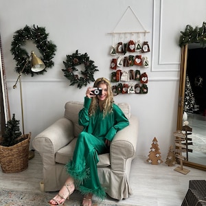 Green Christmas pyjamas,Long pajamas for women, Ostrich feather pajamas, Holiday pajamas, Bridesmaid silk pajamas, Feather pajamas, Silk PJ image 9