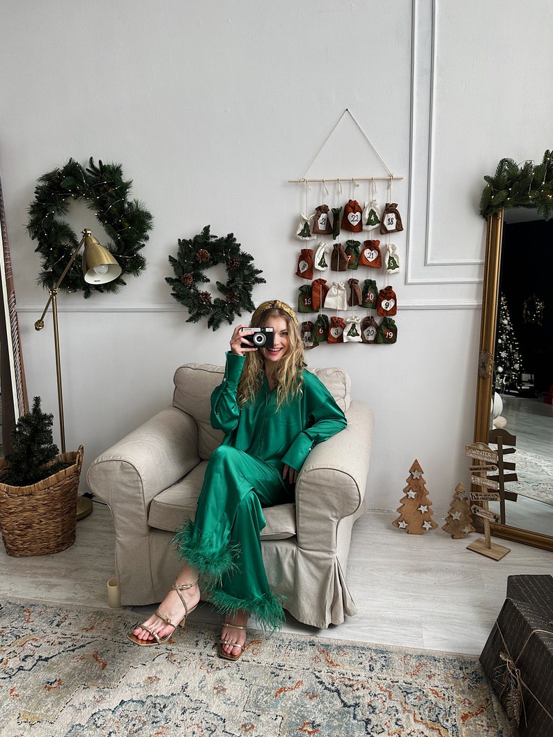 Green Christmas pyjamas,Long pajamas for women, Ostrich feather pajamas, Holiday pajamas, Bridesmaid silk pajamas, Feather pajamas, Silk PJ image 9