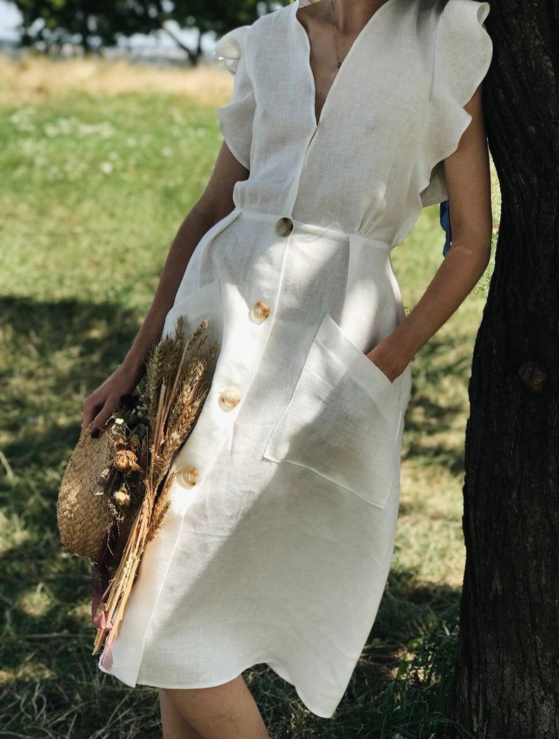 White Linen Maxi Dress, Romantic Linen Summer Dress, Casual Loose Linen Dress, Linen Sundress, Boho Gown with Pockets, Minimalist Dress image 6