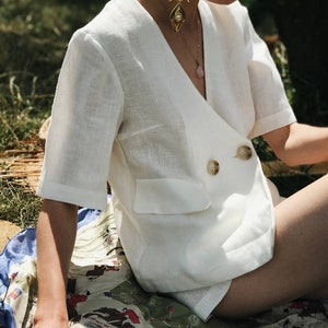 Linen Women Suit, White Linen Blazer & Shorts, Linen Two Piece Set, High Waisted Shorts, 100% Linen Jacket for Women, Linen Summer Suit image 2