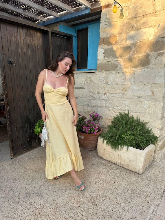chinese dress ladies Butter Yellow Linen V-Neck Midi Dress - Staple The Label
