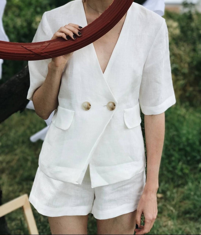 Linen Women Suit, White Linen Blazer & Shorts, Linen Two Piece Set, High Waisted Shorts, 100% Linen Jacket for Women, Linen Summer Suit image 1
