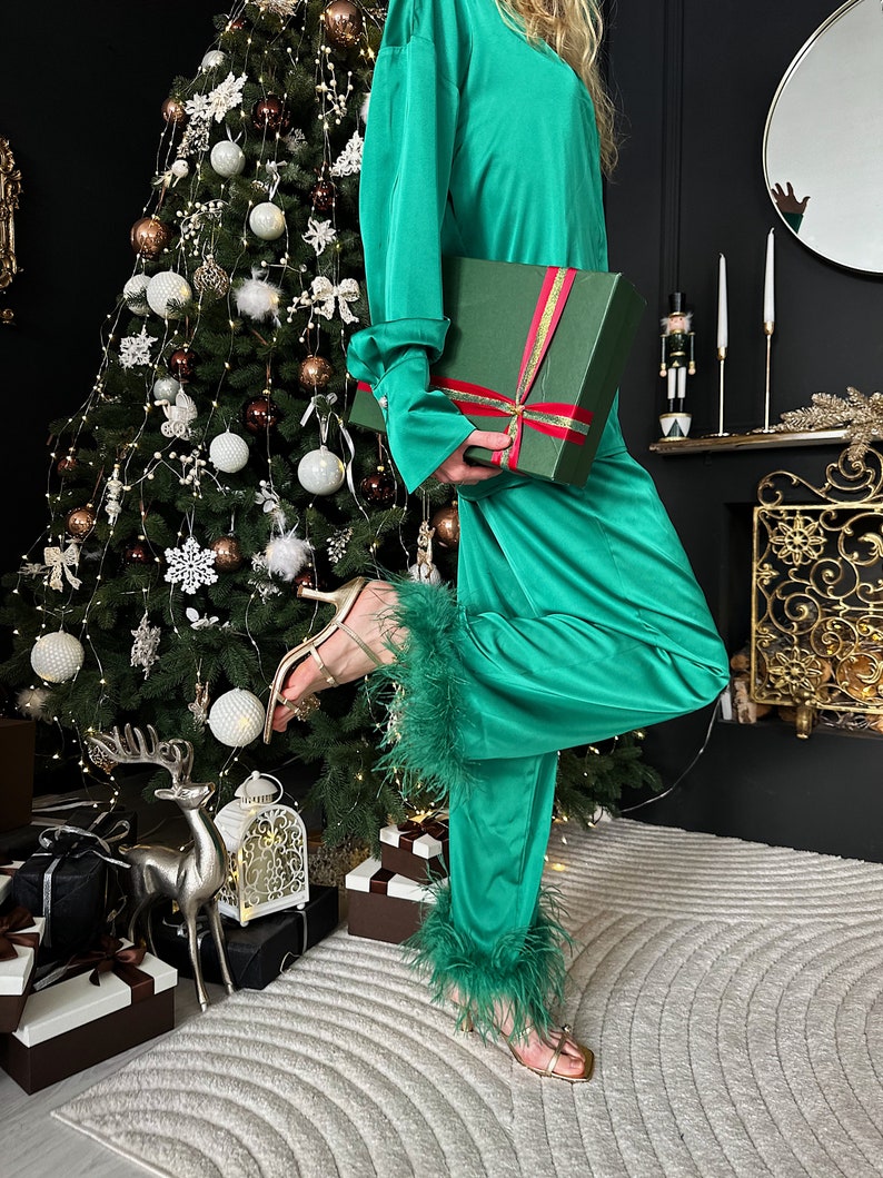 Green Christmas pyjamas,Long pajamas for women, Ostrich feather pajamas, Holiday pajamas, Bridesmaid silk pajamas, Feather pajamas, Silk PJ image 6