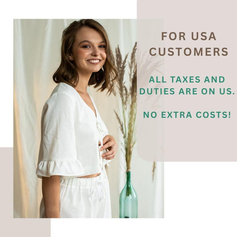 May include: A woman wearing a white, short-sleeved top with ruffled sleeves and matching shorts. The text "FOR USA CUSTOMERS" and "ALL TAXES AND DUTIES ARE ON US. NO EXTRA COSTS!" is displayed on the right side of the image.