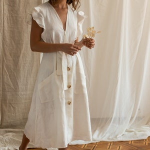 White linen dress, Milky white linen dress, Linen summer dress, Romantic linen dress,Linen dress for women,Linen summer set