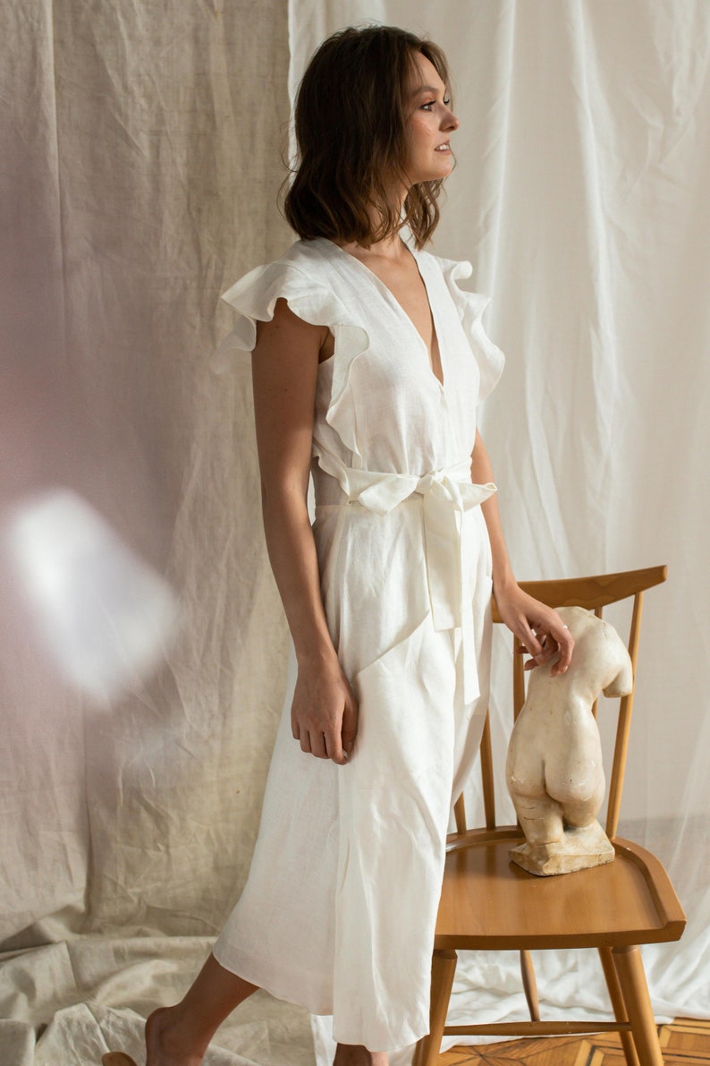 White Linen Maxi Dress, Romantic Linen Summer Dress, Casual Loose Linen Dress, Linen Sundress, Boho Gown with Pockets, Minimalist Dress image 4