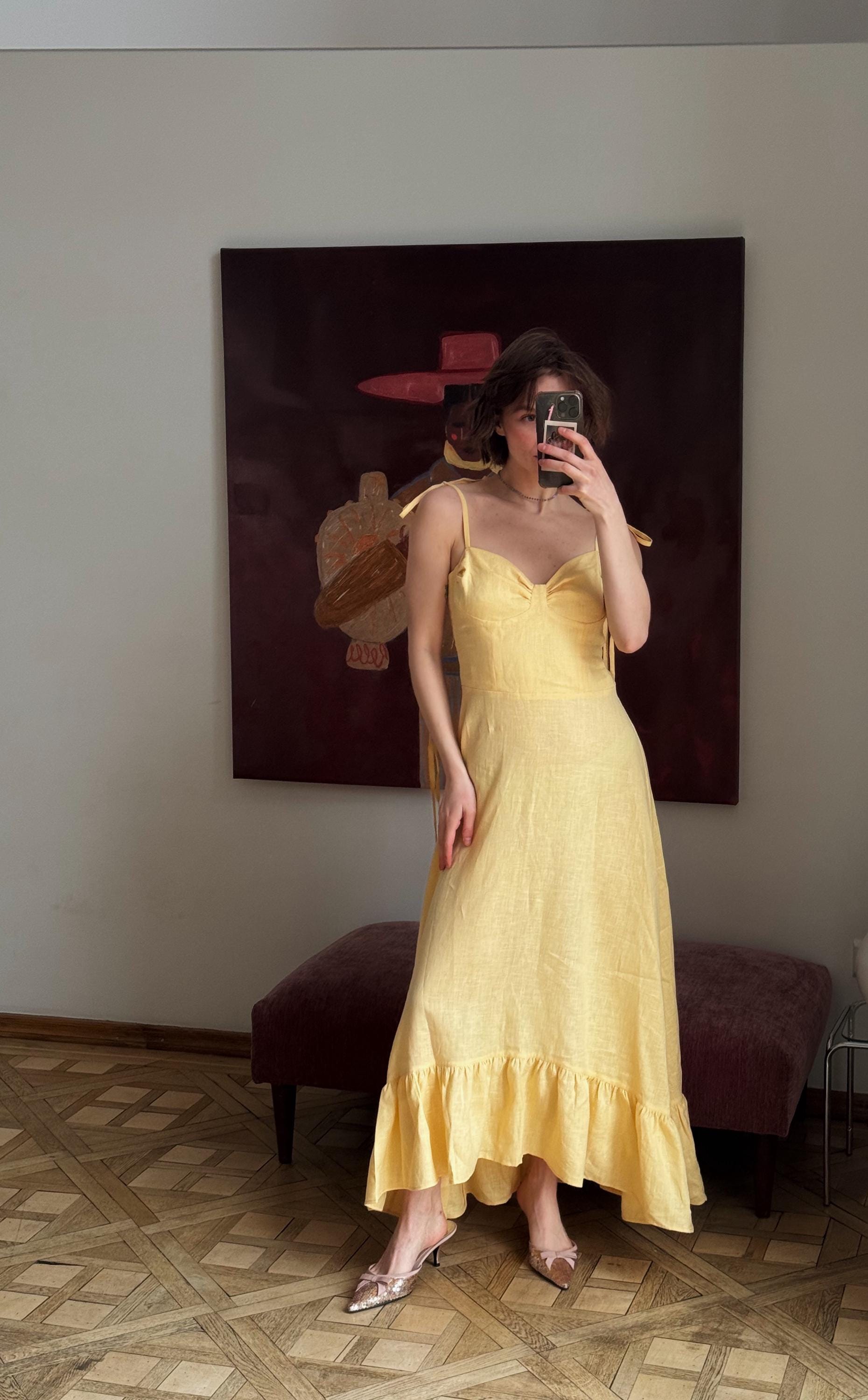 butter yellow linen dress Liserie Halter Wrap Maxi Minimalist Butter Yellow Asymmetric Halter