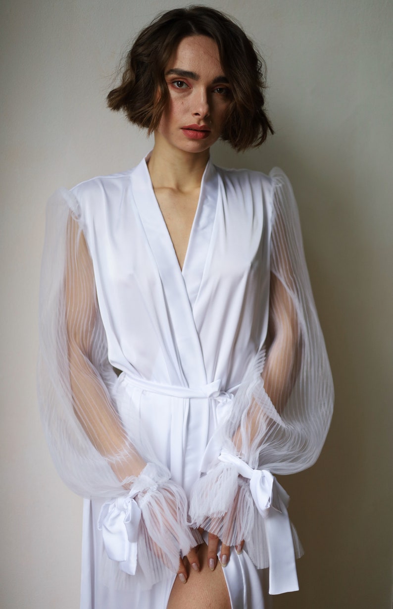 Wedding Silk Kimono Robe, Bridal Silk Robe with Wide Transparent Sleeves, Puff Tulle Sleeves Robe, Bridal Gown, Bridesmaid Gift image 6