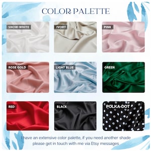 May include: A color palette showcasing fabric swatches in various shades. Colors include snow-white, ivory, pink, rose gold, light blue, green, red, black, and polka-dot. The text "COLOR PALETTE" is at the top.