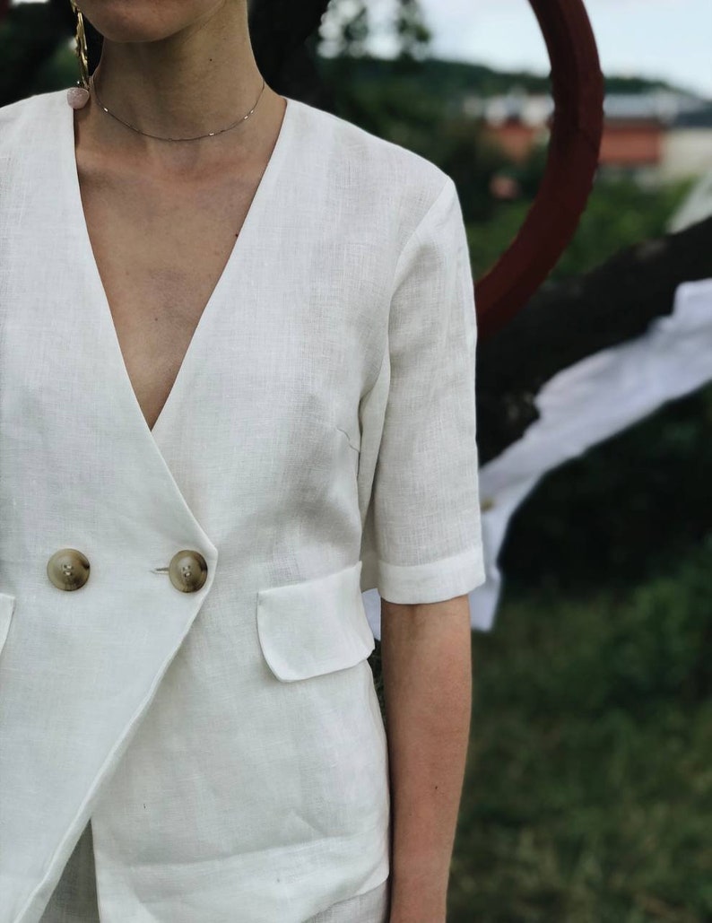 Linen Women Suit, White Linen Blazer & Shorts, Linen Two Piece Set, High Waisted Shorts, 100% Linen Jacket for Women, Linen Summer Suit image 5