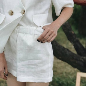 Linen Women Suit, White Linen Blazer & Shorts, Linen Two Piece Set, High Waisted Shorts, 100% Linen Jacket for Women, Linen Summer Suit image 6