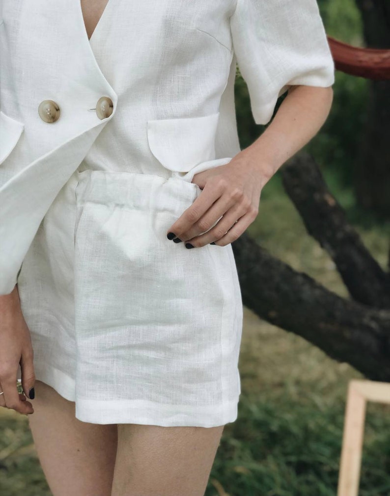 Linen Women Suit, White Linen Blazer & Shorts, Linen Two Piece Set, High Waisted Shorts, 100% Linen Jacket for Women, Linen Summer Suit image 6