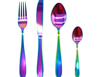 Cutlery Set Rainbow Iridescent Stainless Steel Spoon Forks 16 piece 32 piece Sets Wedding Party Glim&Glam