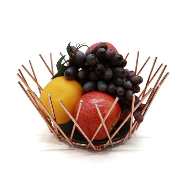 Fruit Bowl Basket Copper Metal Wire Slate Base Decorative Storage Display